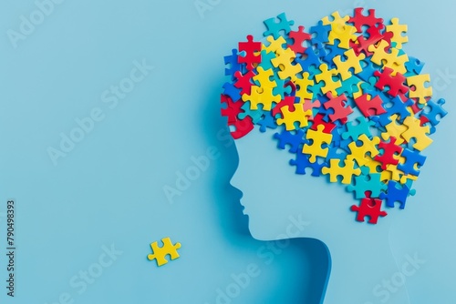 Silhouette of child's head with colorful puzzles on background, autism awareness concept © InfiniteStudio