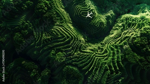 Lush Verdant Foliage Forming Intricate Swirling Patterns in Surreal Aerial Landscape