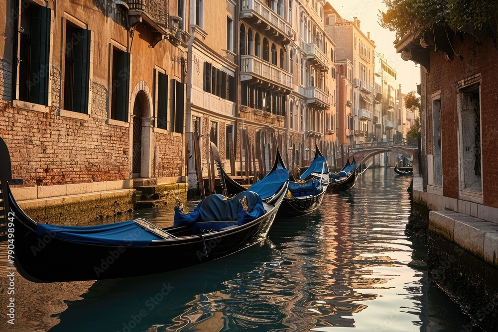 A peaceful Venetian canal in early morning light with gondolas moored at the side, Early morning on the  Canal,, Ai generated