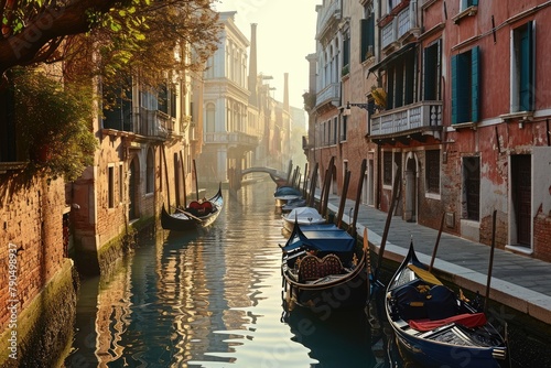A peaceful Venetian canal in early morning light with gondolas moored at the side, Early morning on the  Canal,, Ai generated © Tanu