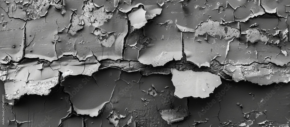 Captured in black and white, this image features a detailed close-up of worn and peeling paint, adding a vintage aesthetic. - obrazy, fototapety, plakaty 