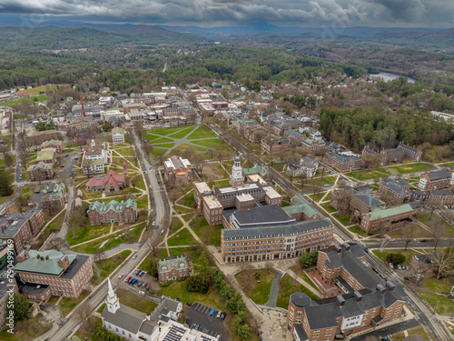 Spring aerial photo of Hanover, NH on a partly cloudy day.