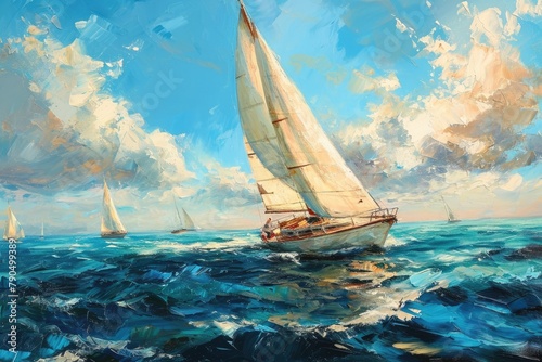 A sailboat race in a bright summer day,sailboats sailing on the ocean on a bright sunny day, AI generated