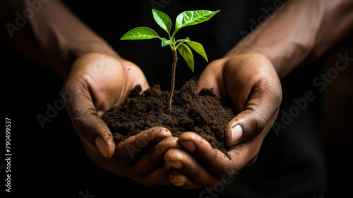 A nurturing pair of hands gently holds a young plant and soil, symbolizing growth, care, and environmental responsibility.