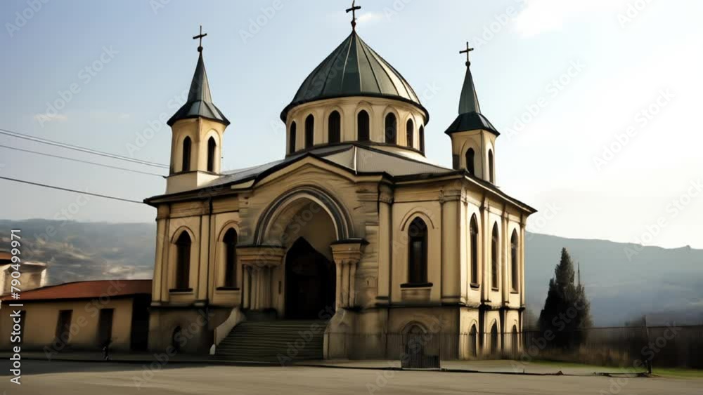 Elegant church with domes and crosses set against a serene mountain backdrop Elegant church with domes and crosses set against a serene mountain backdrop