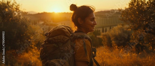 front view, low angle photo of a 20 year old woman rucking in southern Italy he is slightly smiling he is wearing a rucksack The sun is shining in a beautiful afternoon shot  photo