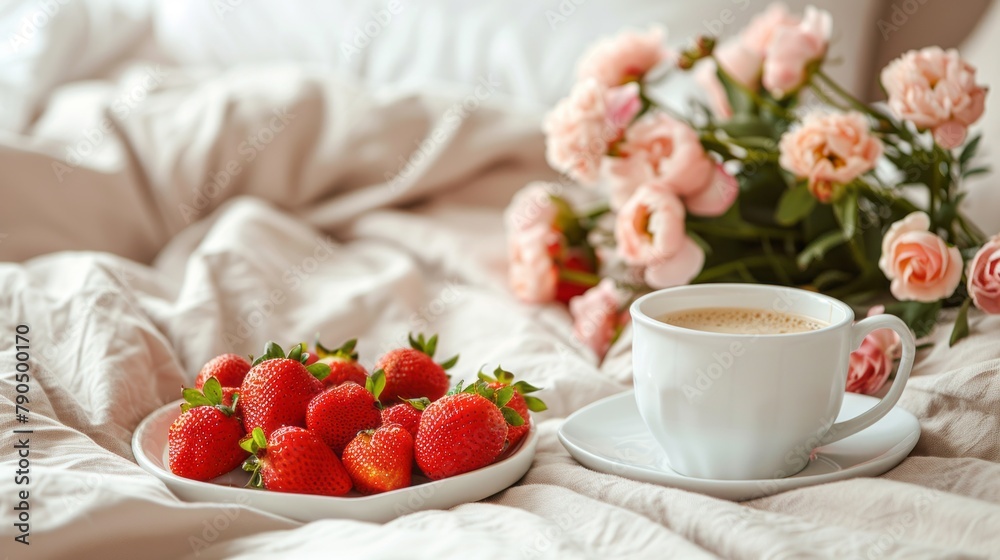 Breakfast for Mothers Day. Heart shaped white plate with fresh strawberries. cup of coffee. gift and Peonys bouquet with gift in bed. Still life composition. Happy Mother's Day. Breakfast for Mothers Day. Heart shaped white plate with fresh strawberries. cup of coffee. gift and Peonys bouquet with gift in bed. Still life composition. Happy Mother's Day.