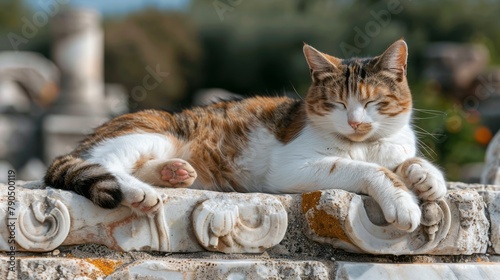 A white and brown cat lounges contently on an ancient stone sculpture in the sun in Ephesus photo