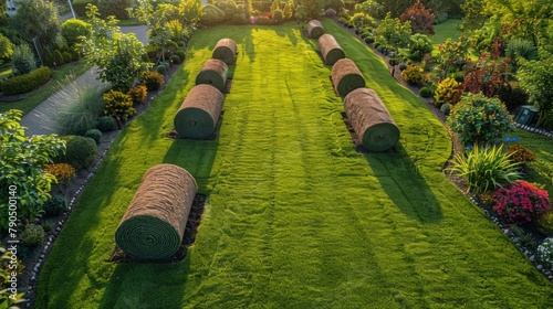 Aerial View Of Male Gardener Laying Rolls Of Sod In Large Area Of Residential Backyard. photo