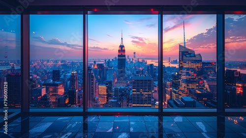 Epic sunset view through large windows showing an urban skyline, capturing the vibrant atmosphere of city life and modern architecture