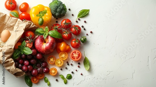 Healthy food background. Healthy vegan vegetarian food in paper bag vegetables and fruits on white. copy space.