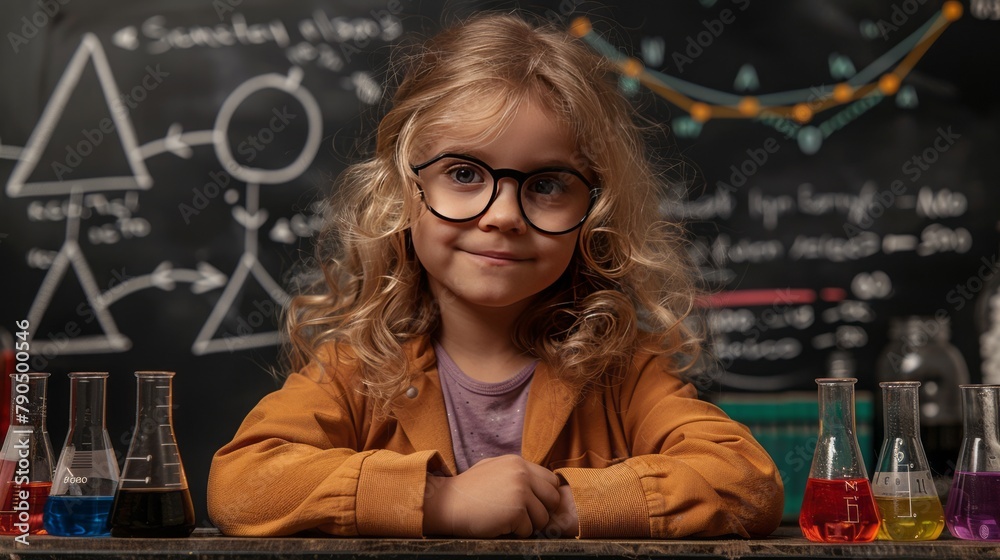 Funny scientist child with glasses in lab coat with chemical flasks ...