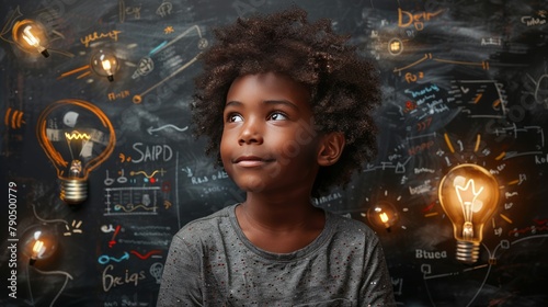 Smart black kid with lightbulb. Brainstorming and idea concept. Little student boy on chalkboard background photo