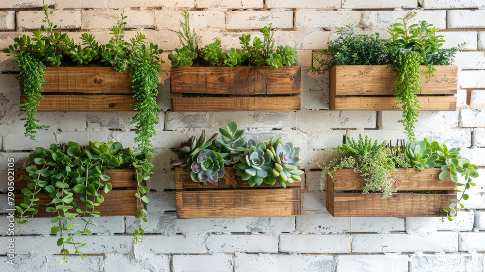 Modern Plant Wall with Wooden Planters Modern Plant Wall with Wooden Planters