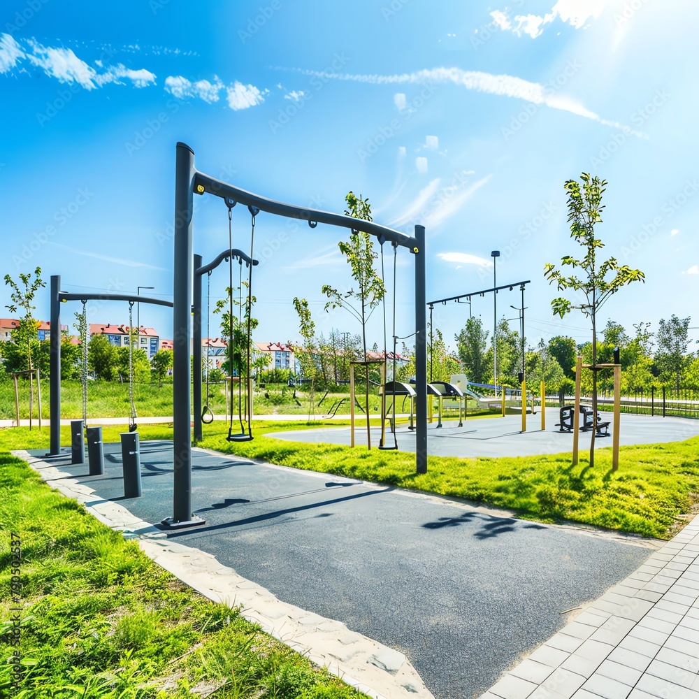 Fitness trail with integrated sports equipment, panoramic view, outdoor health circuit, bright sunny day.