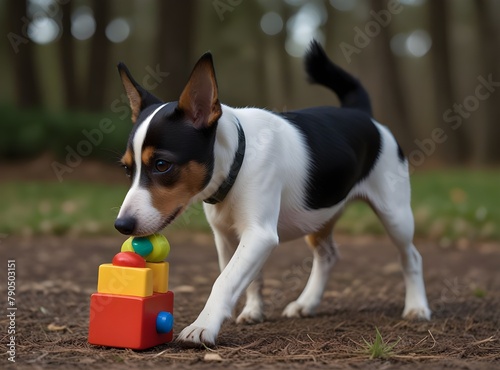 A toy fox terrier dog playing with an advanced challenge slider interactive treat puzzle dog toy that helps with boredom, sniffing and pawing for treats 