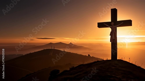  Sunset silhouette of a cross on a hilltop photo