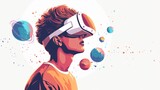 a boy Wearing VR Glasses in the Universe: Illustrations of Cosmic Planets and Aerospace Themes