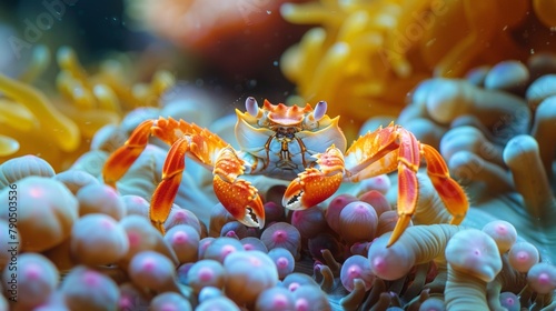 A crab resting among coral