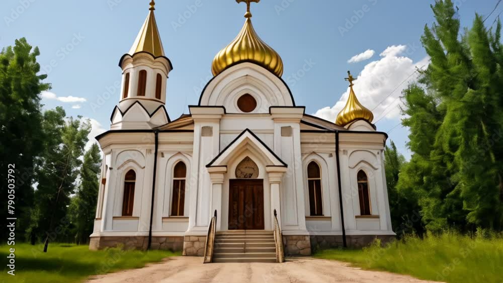 Elegant church with golden domes and white walls set against a serene backdrop Elegant church with golden domes and white walls set against a serene backdrop
