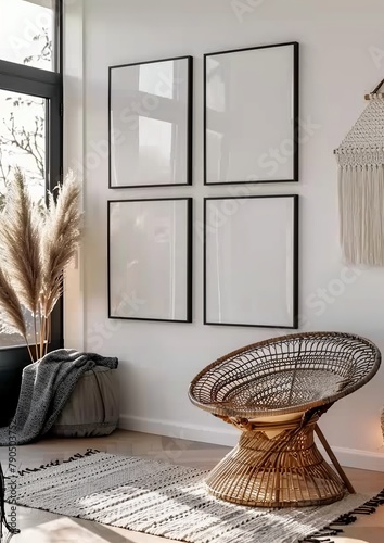 Mockup frame set in home interior background featuring a white room with natural wooden furniture in Scandi-Boho style. Presented in 3D render. Made with generative AI technology