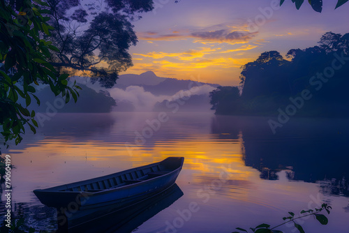 Mystical Dawn: Early Morning Serenity Reflected in Still Waters and Misty Mountains