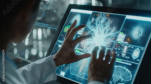 a story envisioning the intersection of healthcare and modern technology, focusing on a human interacting with a futuristic interface screen in a laboratory