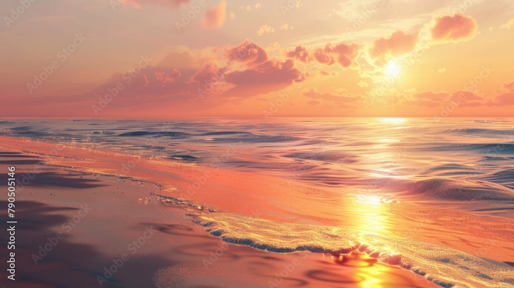 Illustrate the fleeting moment of a summer sunset on a sandy beach, where the ocean blurs into the horizon, painting the sky with hues of orange and pink  