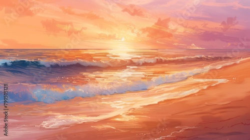 Illustrate the fleeting moment of a summer sunset on a sandy beach, where the ocean blurs into the horizon, painting the sky with hues of orange and pink 