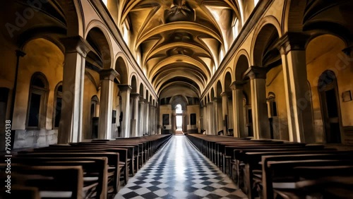  Elegant cathedral interior with arches and checkered floor photo