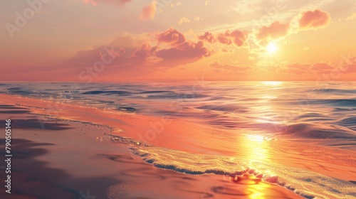 Illustrate the fleeting moment of a summer sunset on a sandy beach, where the ocean blurs into the horizon, painting the sky with hues of orange and pink   © chaynam