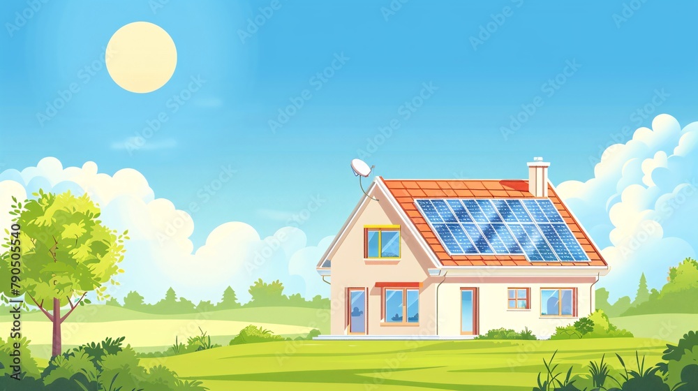 a wide banner showcasing a futuristic smart home integrated with a solar panel rooftop system, highlighting renewable energy concepts. Include a copyspace area for additional text or information
