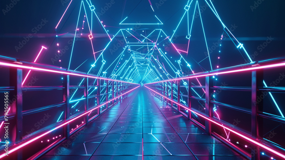 A low poly bridge illuminated by neon lights, representing the connections that span the digital divide A low poly bridge illuminated by neon lights, representing the connections that span the digital divide