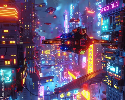 Craft a 3D-rendered utopia bustling with advanced hovercrafts and holographic displays, seen from the ground up in a pixel art style with vibrant neon hues