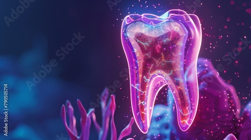 A 3D rendering of a tooth with a glowing pink and blue light.