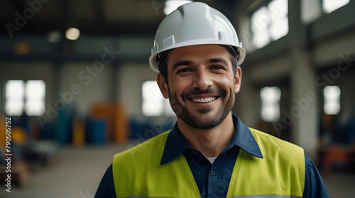 Looking at camera and smiling. Portrait handsome confident professional engineer man wearing safety uniform and hard hat helmet in industrial factory workplace, Generative.AI