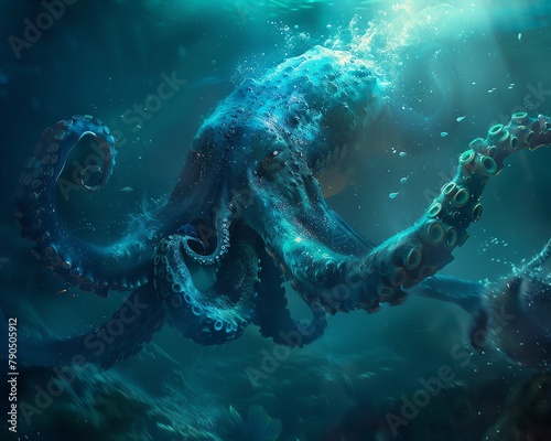 Craft a surreal underwater realm with surreal creatures and ethereal lighting effects in a photorealistic digital rendering, highlighting the beauty and mystery of the deep sea in a unique artistic vi