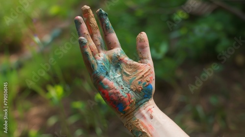 A child s hand covered in colorful paint