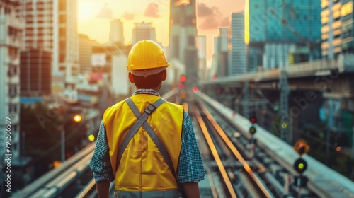 A construction worker is standing on a railway track, looking at the sunset. photo