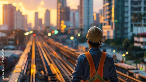 A construction worker is standing on a railway track, looking out at the city skyline. photo