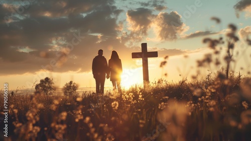 A couple is holding hands in a field of flowers at sunset with a cross in the background.