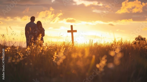 A couple is praying at the cross on the hill during sunset. photo