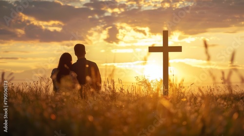 A couple is praying in a field at sunset.