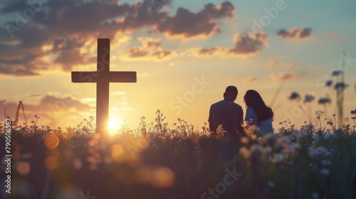A couple is sitting in a field of flowers at sunset. The sun is setting behind a large cross.