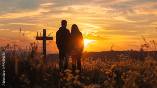 A couple is standing in a field of tall grass at sunset.