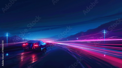 A dark blue colored sports car drives through a landscape with blue and pink neon lights illuminating the night sky.