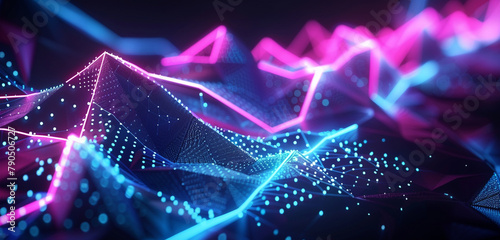 Dynamic neon lights outlining abstract, low poly structures in motion, representing advanced digital networks