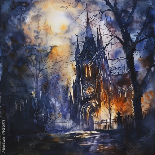 Illustrate a spooky, abandoned cathedral at dusk with eerie lighting effects in a detailed watercolor painting for a chilling atmosphere photo