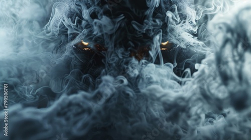 A dark figure with glowing yellow eyes is barely visible through the swirling smoke. photo