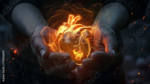 A digital painting of a heart on fire in the palm of someone's hands. photo